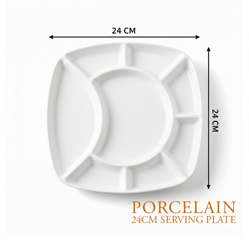 Shallow White Porcelain 24cm Compartment Serving Plate | Modern Snack & Appetizer Platter for Fries, Dips & Nuts | Elegant Serveware for Ramadan, Eid, Diwali, Brunch & Gifting - Image 5